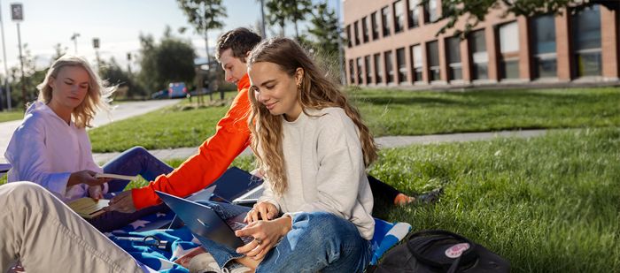 Students sitting in the grass studying 